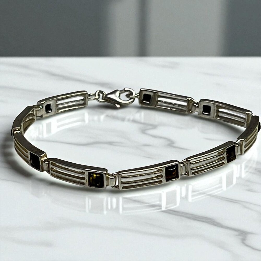 Baltic Amber & Sterling Silver 925 Bracelet With Rectangular Link Design